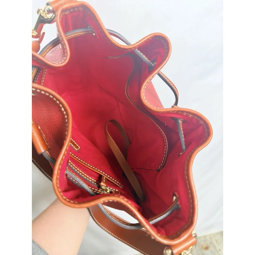 Dooney & Bourke Pebble Grain Red‎ Drawstring Bucket Bag Leather Crossbody Purse